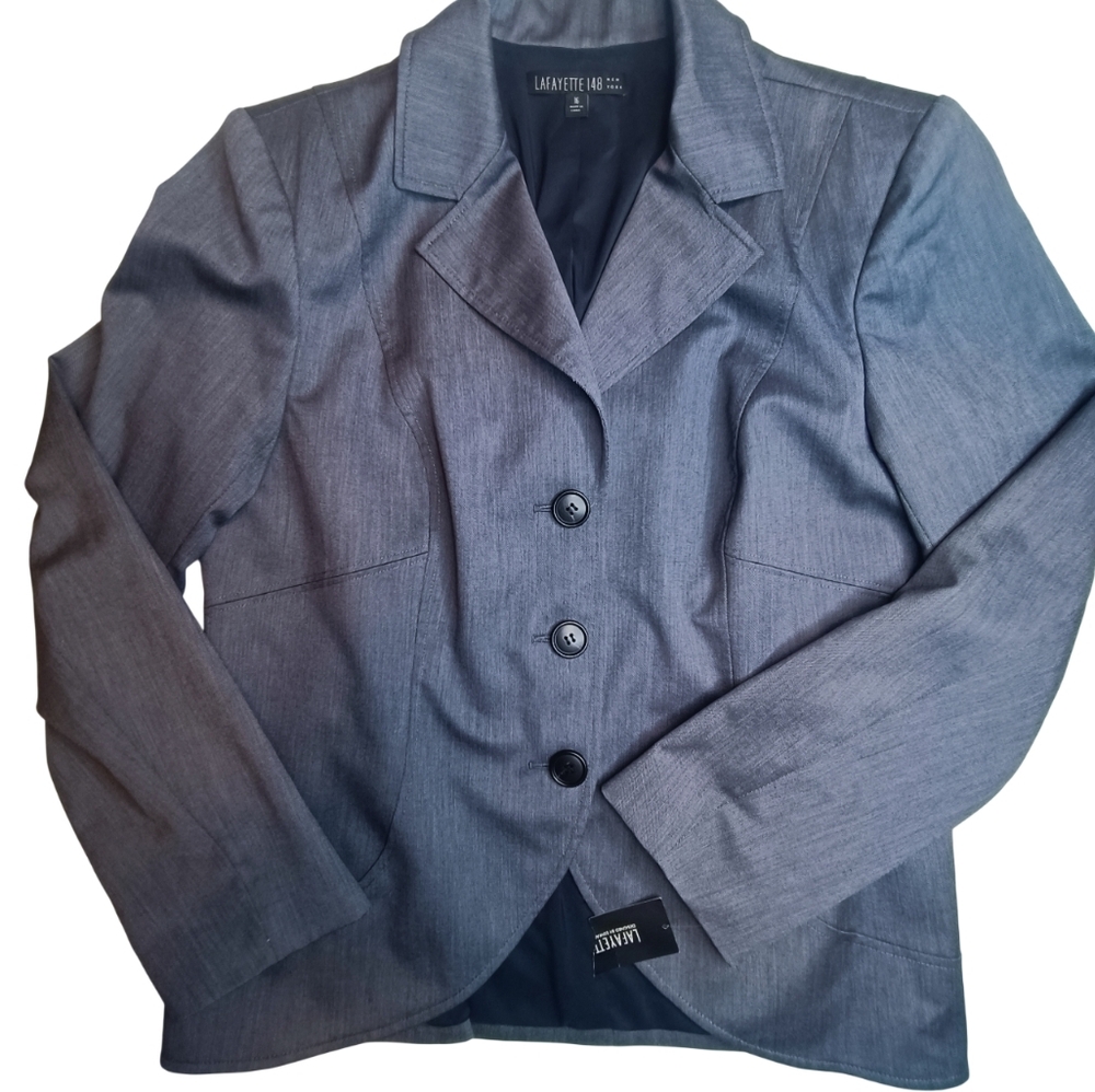 Lafayette 148 New York Blue-Grey Wool Cotton Mohair Tailored Blazer Size 16
